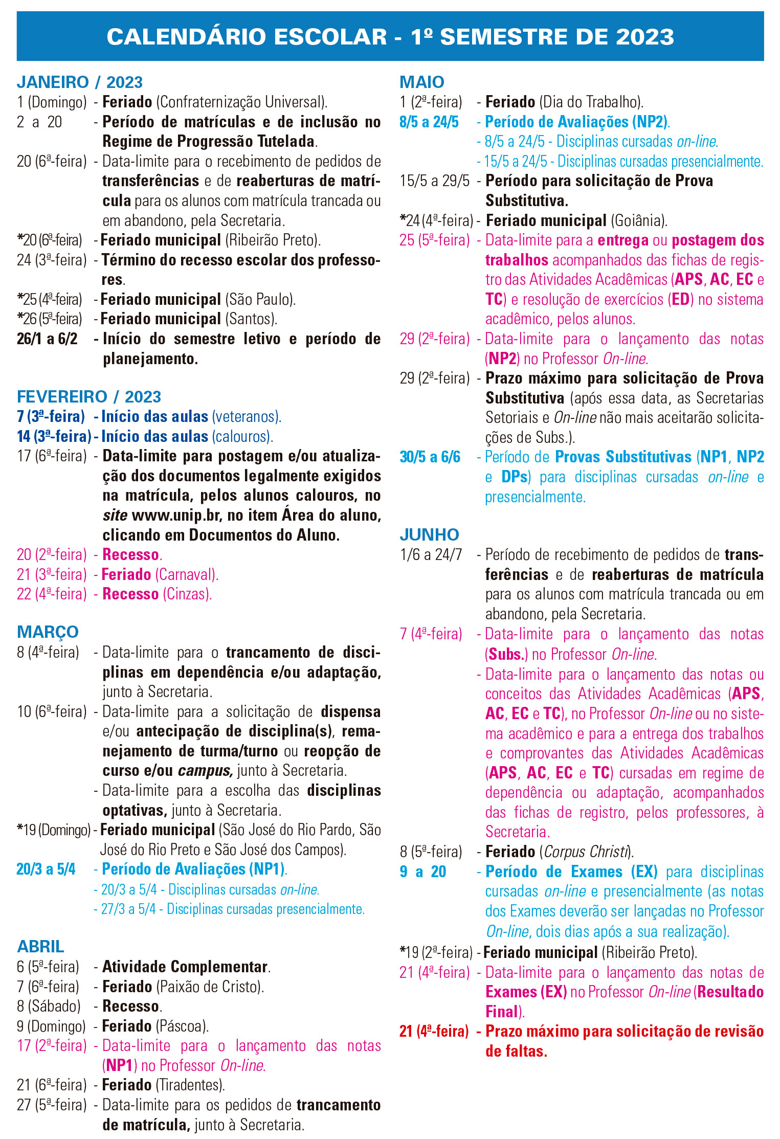 Calendário 2023/1 - De janeiro a junho de 2023