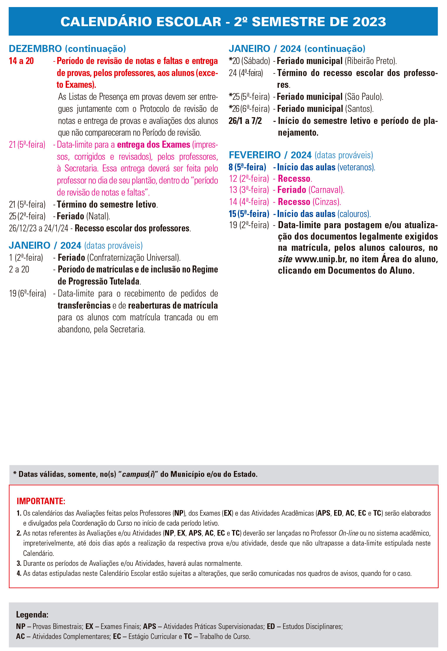 Calendário 2023/2 - De dezembro de 2023 a fevereiro de 2024